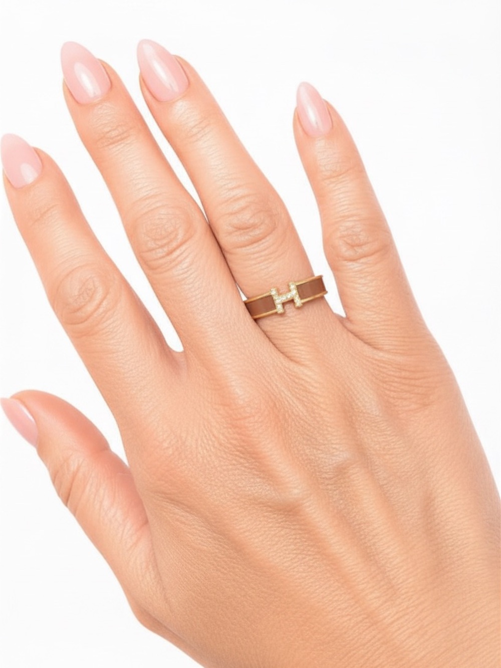 Gold Tone Tan Enamel H Initial Ring